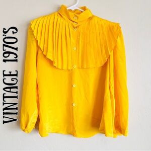 Vintage 1970’s Pleated Ruffle Bib High Neck Button-down Yellow Blouse
